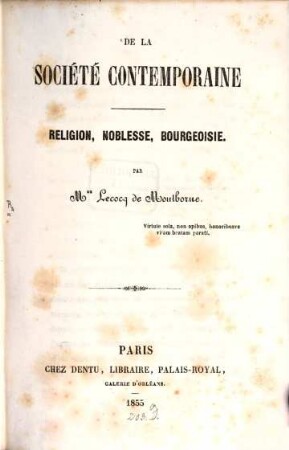 De la société contemporaine Religion, noblesse, bourgeoisie