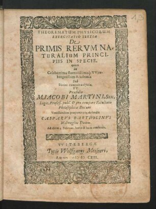 Theorematum Physicorum Exercitatio Tertia De Primis Rerum Naturalium Principiis In Specie