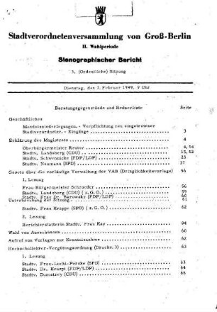 Nr. 3, 1. Februar 1949, Ordentliche Sitzung