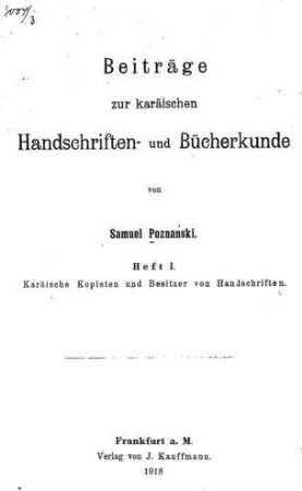 Karäische Kopisten und Besitzer von Handschriften / von Samuel Poznański