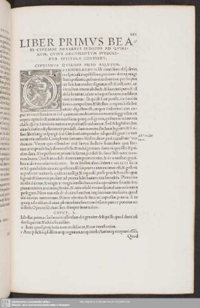 Liber Primus Beati Cypriani Adversus Iudaeos Ad Quirinum, Cuius Argumentum Subscripta Epistola Continent
