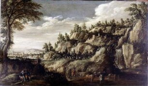 Gebirgige Landschaft mit Stadt und rastendem Paar