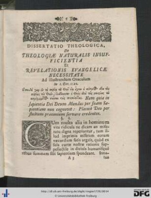 Dissertatio Theologica, De Theologiae Naturalis Insufficientia Et Revelationis Evangelicae Necessitate.