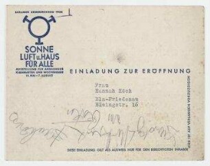 Einladungskarte zur Berliner Sommerschau 1932 : Sonne Luft u. Haus für alle! Berlin