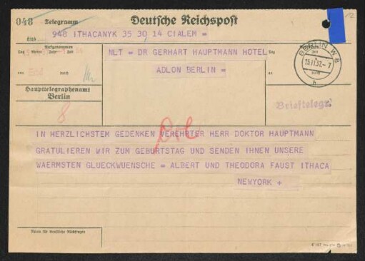 Brief von Albert Bernhard Faust und Theodora Faust an Gerhart Hauptmann
