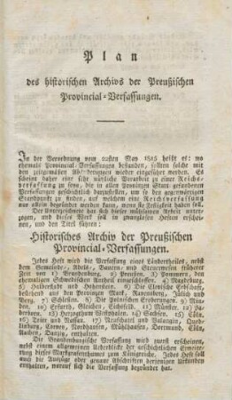Plan des historischen Archivs der Preußischen Provincial-Verfassungen
