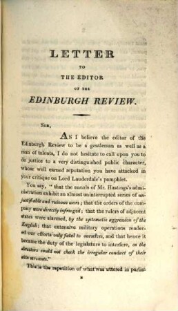 Letter to the editor of the Edinburgh Review, by Major Scott Waring, in reply to the critique on Lord Lauderdale's view of the affairs of the East India Company, published in the 30th number of the Edinburgh Review