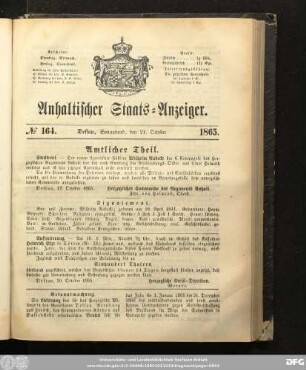 Anhaltischer Staats-Anzeiger : Dessauer neueste Nachrichten, No. 164. Dessau, Sonnabend, den 21. October 1865.