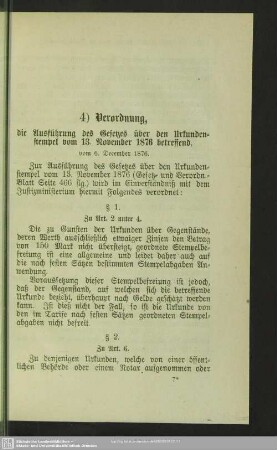4) Verordnung, die Ausführung des Gesetzes über den Urkundenstempel vom 13. November 1876 betreffend