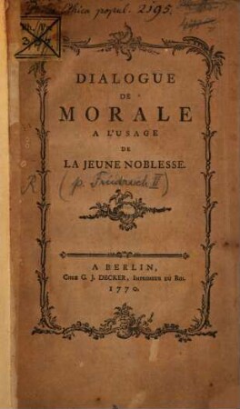 Dialogue De Morale A L'Usage De La Jeune Noblesse
