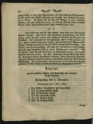 Anzeige, wie die Classen, Reden und Gespräche auf einander folgen werden