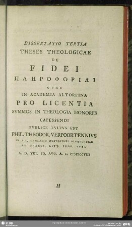 Dissertatio Tertia Theses Theologicae De Fidei Plērophoriai