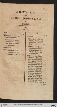 Tax-Reglement von Fürstlicher Geheimen Canzley zu Darmstadt. 1777