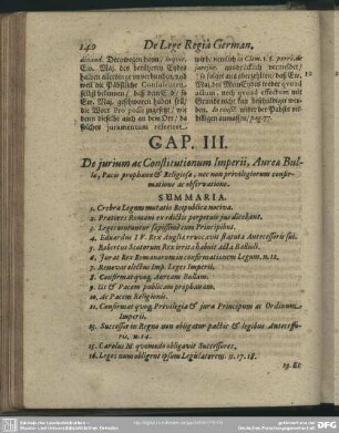 Cap. III. De jurium ac Constitutionum Imperii, Aureae Bullae, Pacis prophanae & Religiosa, nec privilegiorum confirmatione ac observatione