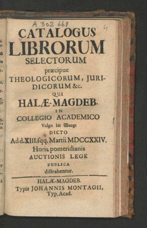 Catalogus Librorum Selectorum præcipue Theologicorum, Juridicorum &c.