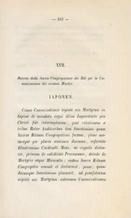XVII. Decreto della Sacra Congregazione dei Riti per la Canonizzazione ...