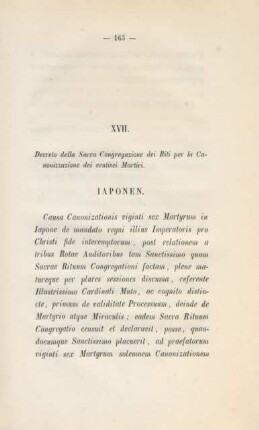 XVII. Decreto della Sacra Congregazione dei Riti per la Canonizzazione ...