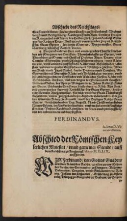 Abschied der Römischen Keyserlichen Maiestat/ unnd gemeiner Stende/ auf dem Reichßtag zu Augspurgk/ Anno M.D. LIX.. auffgericht.
