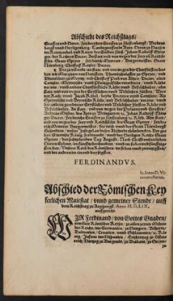 Abschied der Römischen Keyserlichen Maiestat/ unnd gemeiner Stende/ auf dem Reichßtag zu Augspurgk/ Anno M.D. LIX.. auffgericht.