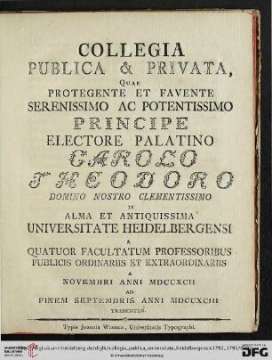 Collegia publica et privata, quae ... in alma et antiquissima Universitate Heidelbergensi ... tradentur