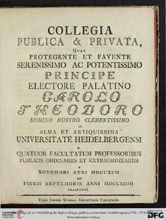 Collegia publica et privata, quae ... in alma et antiquissima Universitate Heidelbergensi ... tradentur