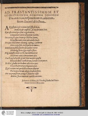 AD PRAESTANTISSIMUM ET LITERATISSIMUM DOMINUM JOHANNEM DRAUDIUM, ...