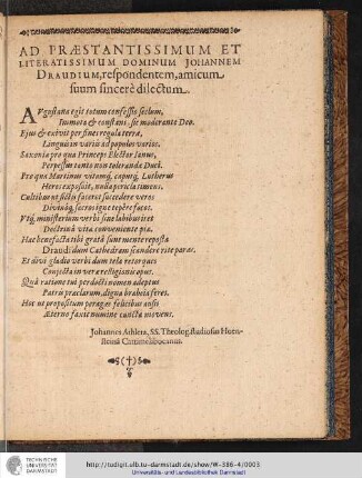 AD PRAESTANTISSIMUM ET LITERATISSIMUM DOMINUM JOHANNEM DRAUDIUM, ...