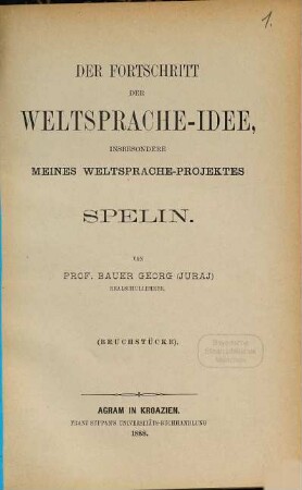Der Fortschritt der Weltsprache-Idee, insbesondere meines Weltsprache-Projektes Spelin : Von Bauer Georg  