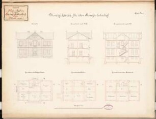 Hafenbahn mit Rangierbahnhof Schinkelwettbewerb 1889: Dienstgebäude für den Rangierbahnhof. Ansicht, Schnitte, Grundrisse 1:100