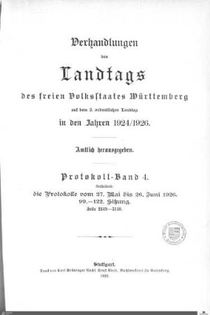 2,128: Landtag Württemberg - Kammer 2, Protokolle 1924-1926, Bd. 4