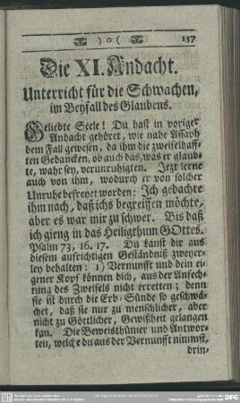 Die XI. Andacht. Unterricht für die Schwachen, im Beyfall des Glaubens
