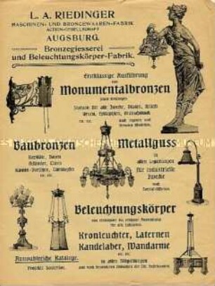 Werbeprospekt der Maschinen- und Bronzewaren-Fabrik L.A. Riedinger, Augsburg für Beleuchtungskörper, Bronzefiguren und Baubronzen; um 1900