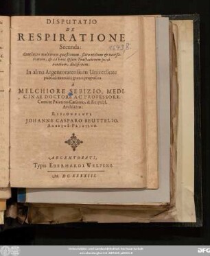 Disputatio De Respiratione Secunda : Continens multarum quaestionum, scitu utilium & necessariarum, & ad hanc ipsam Transactionem pertinentium, decisionem