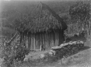 Holzhütte : Eine mit Stroh gedeckte Holzhütte; rechts daneben befinden sich Hühner.