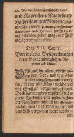 Das VII. Capitel. Von vielerlei Beschreibungen derer Brandenburgischen Regenten und Länder.