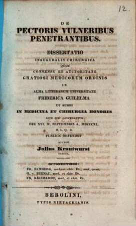 De pectoris vulneribus penetrantibus : Diss. inaug. chir.