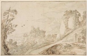 Bergige Landschaft mit Burg