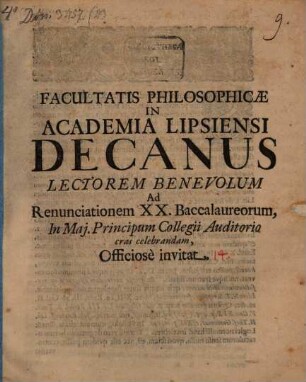 Facultatis Philosophicae in Academia Lipsiensi Decanus [ad renunciationem XX. Baccalaureorum invitat] : [disseritur de sacro dicendi genere]