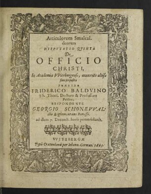Articulorum Smalcaldicorum Disputatio Quinta De Officio Christi
