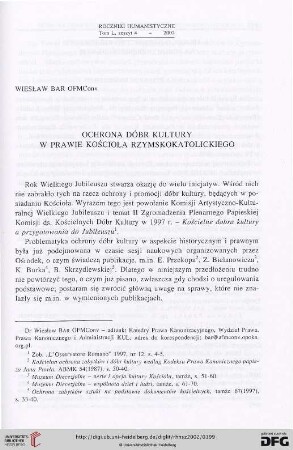 50: Ochrona dóbr kultury w prawie Kościoła rzymskokatolickiego