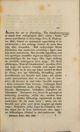 Berättelse om framstegen i insekternas, myriapodernas och arachnidernas naturalhistoria. 1851/52 (1854)
