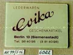 Taschenspiegel mit Werbeaufdruck "LEDERWAREN Evika GESCHENKARTIKEL"