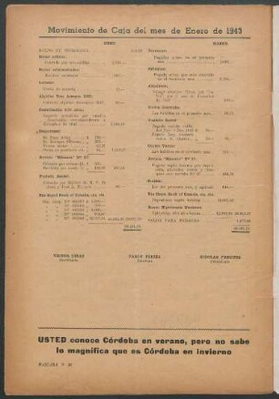 Movimiento de Caja del mes de Enero de 1943