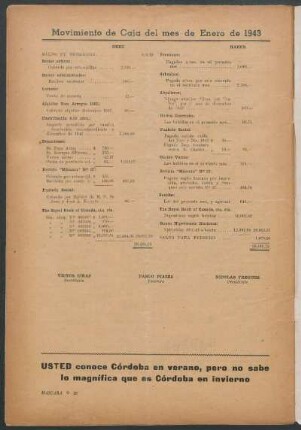 Movimiento de Caja del mes de Enero de 1943