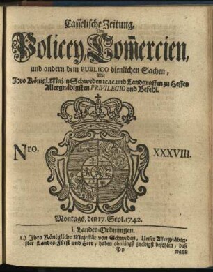 Nro. XXXVIII, Montags, den 17. Sept. 1742