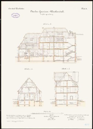 Artilleriekaserne, Wiesbaden Waschanstalt: Längsschnitt, Querschnitte 1:100