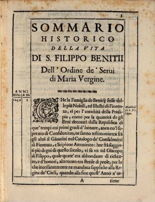 Historia dalla nascita alla canonizatione di S. Filippo Benitii
