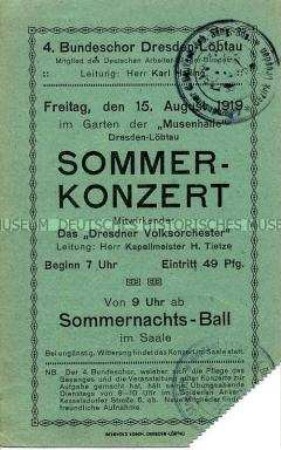 Eintrittskarte für ein Sommerkonzert des 4. Bundeschors Dresden-Löbtau unter Mitwirkung des "Dresdner Volksorchesters"