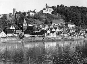 Hirschhorn (Neckar). Stadtteilansicht. Ansicht mit dem Karmeliterkloster und der Burg