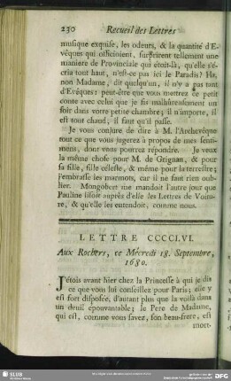 Lettre CCCCLVI. Aux Rochers, ce Mécredi 18. Septembre, 1680